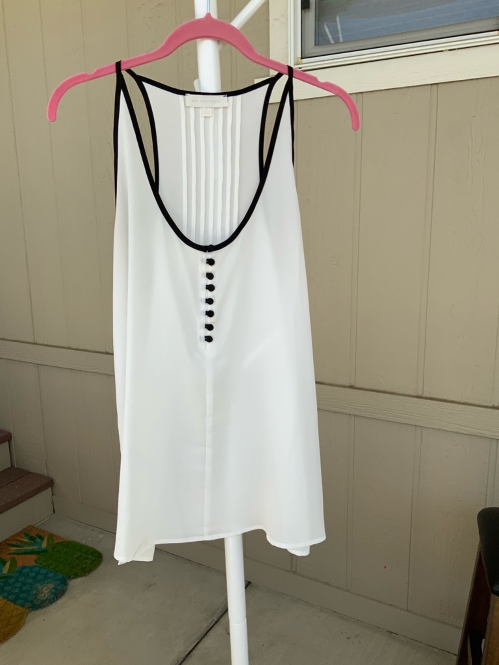 MM Couture White Tank with Black Trim and Button Detail